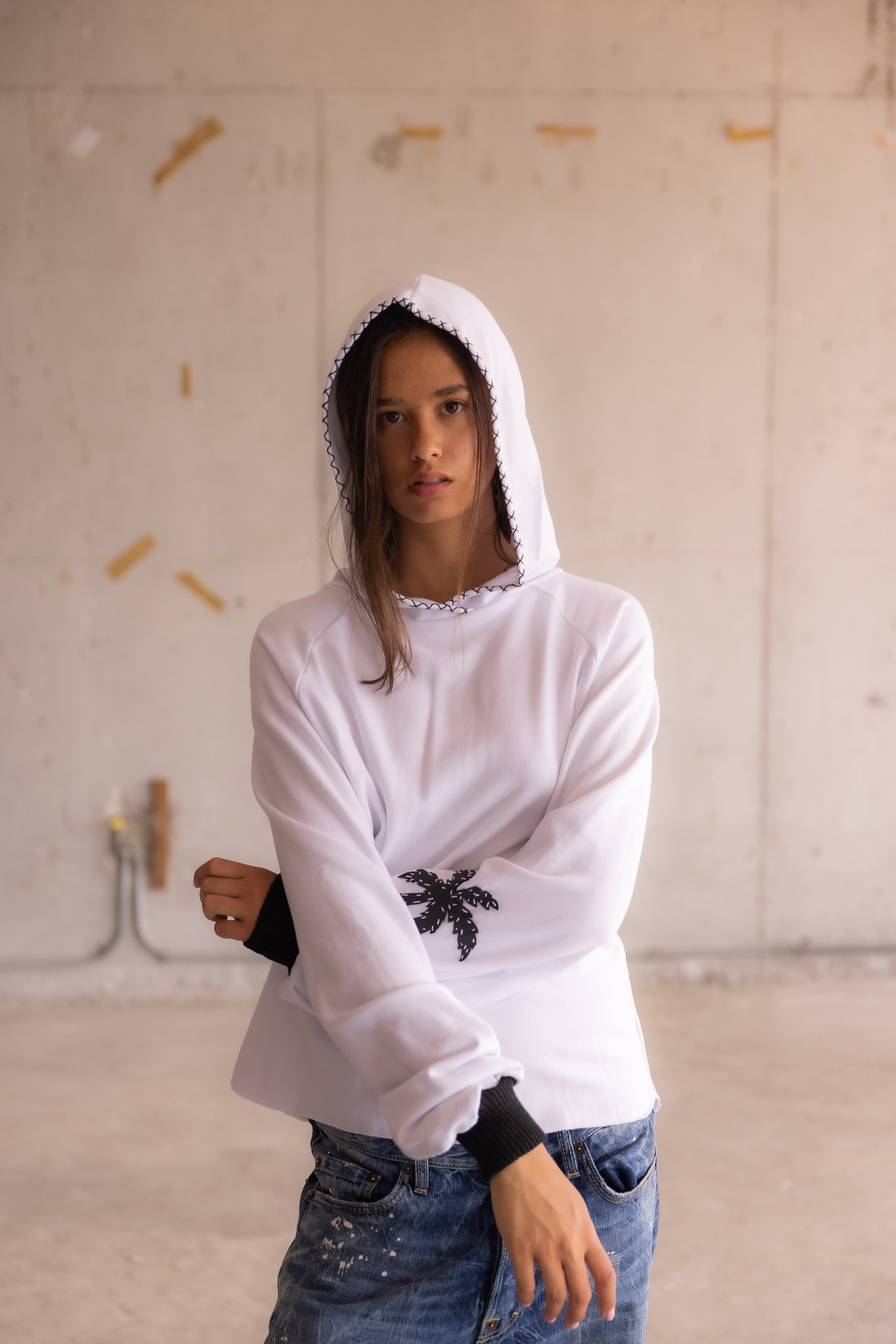 White Hoodie with Palm Tree Appliqué